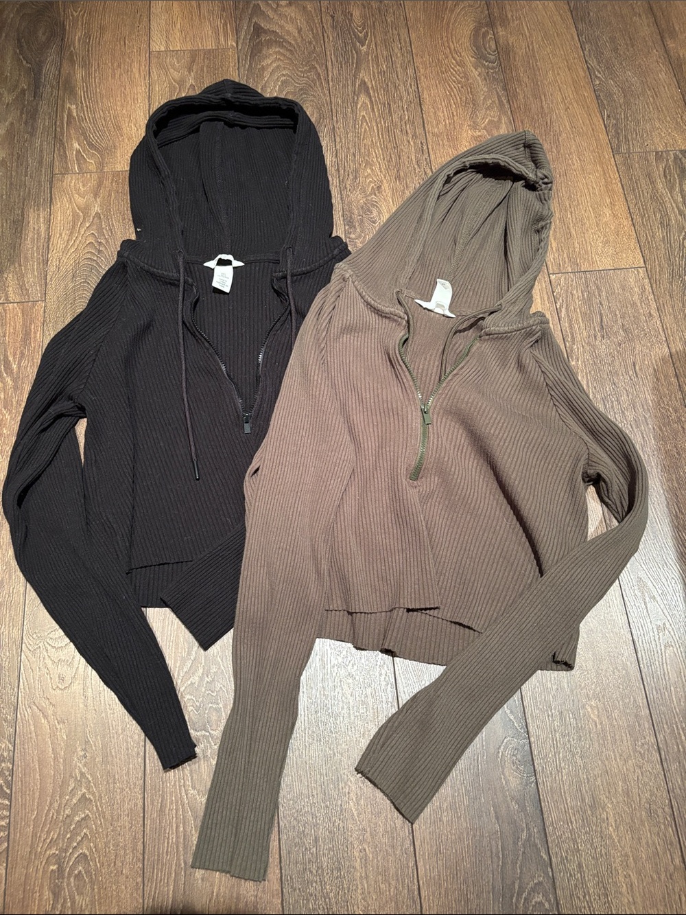 2x H&M Rib-Knit Hooded Jacket Black & Brown Size Large